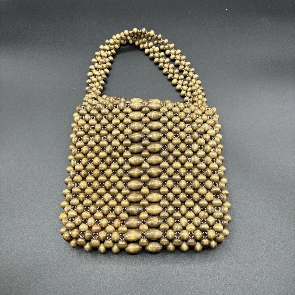 1950s Wood Bead Purse Dayne Taylor Boho Double Handle Handbag Lined MCM Japan